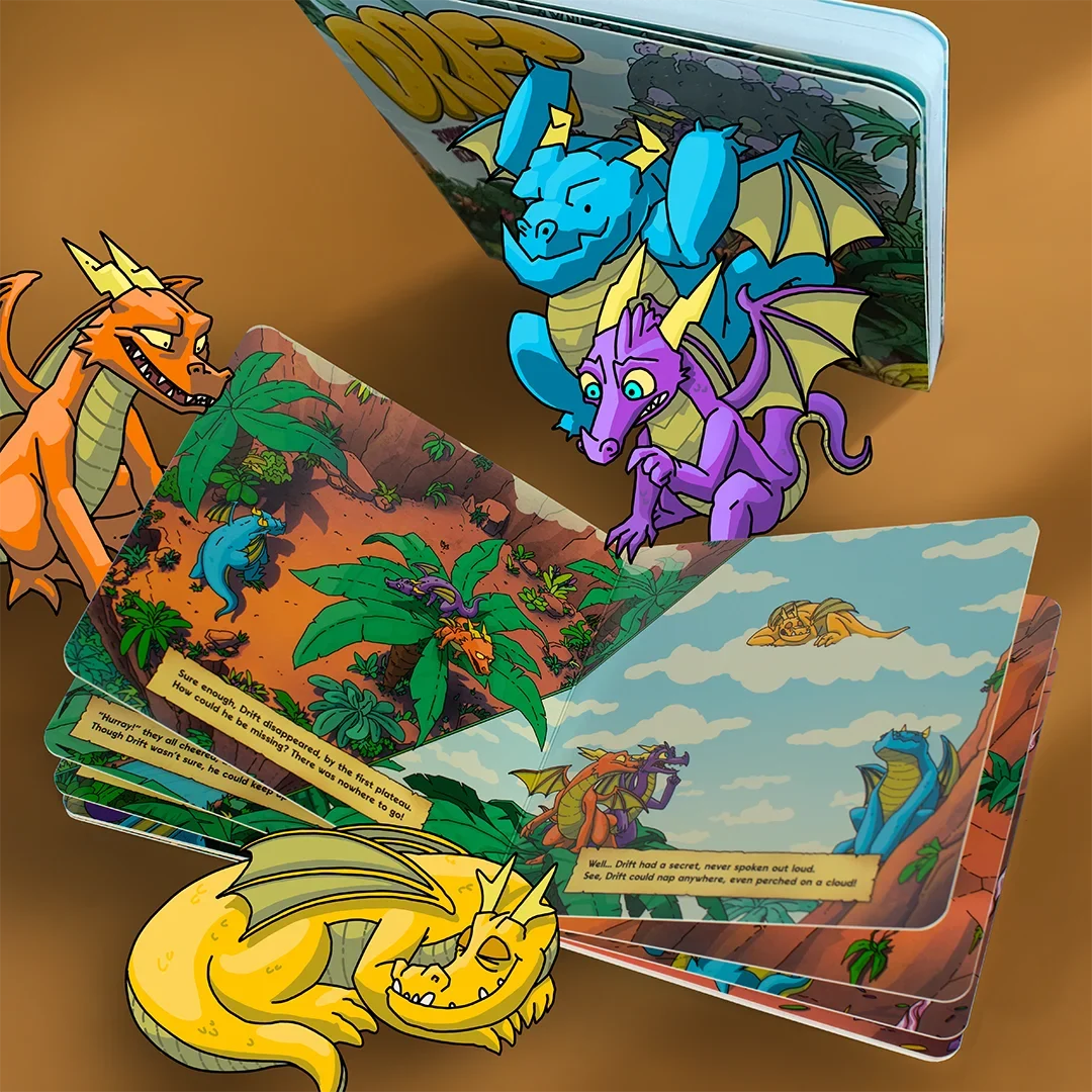 The open Drift: Journey to Mount Chilly storybook showing Drift the dragon and his friends.