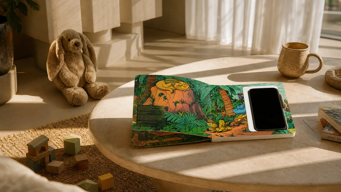 Open Hideaway Book on a coffee table with a phone resting inside the hidden compartment, alongside a stuffed bunny, wooden blocks, and a coffee mug in a warm sunlit living room