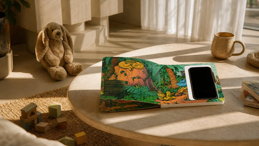 Open Hideaway Book on a coffee table with a phone resting inside the hidden compartment, alongside a stuffed bunny, wooden blocks, and a coffee mug in a warm sunlit living room