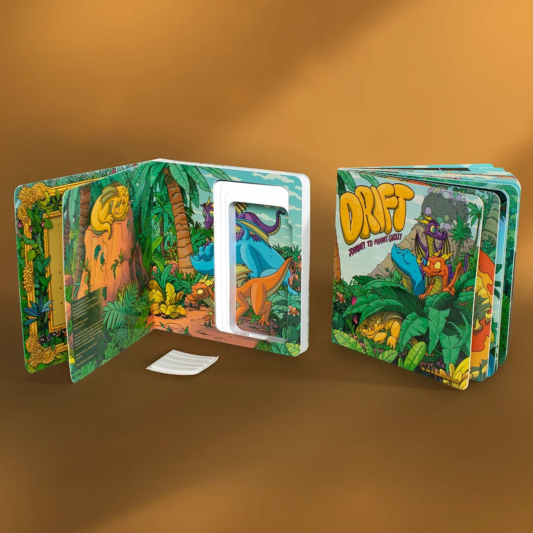 The Drift Hideaway Book Set with both books open, showing the inside pages and the Hideaway Book's hidden phone compartment.