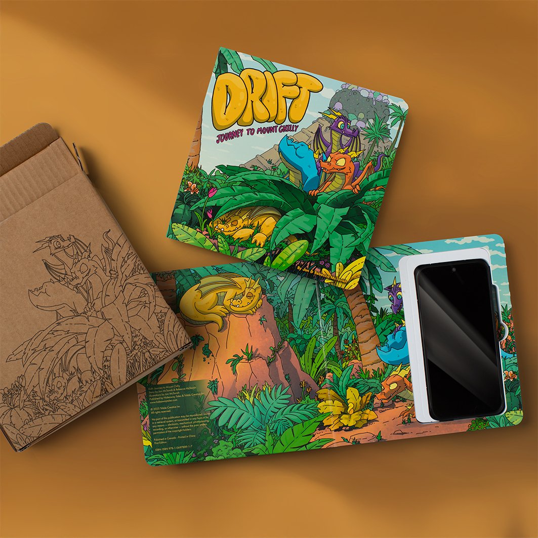 Hideaway Tales banner featuring the Drift Hideaway Book Set, a children's storybook paired with a parent book that has a hidden phone compartment.