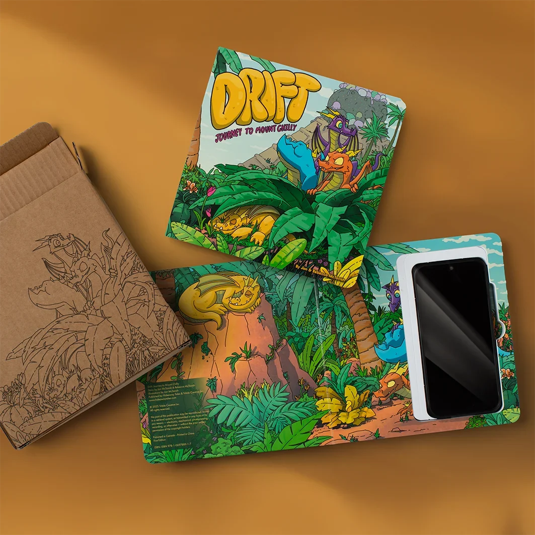 Hideaway Tales banner featuring the Drift Hideaway Book Set, a children's storybook paired with a parent book that has a hidden phone compartment.
