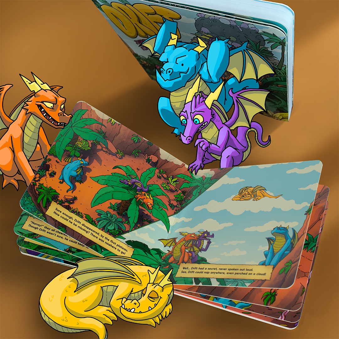 The open Drift: Journey to Mount Chilly storybook showing Drift the dragon and his friends.