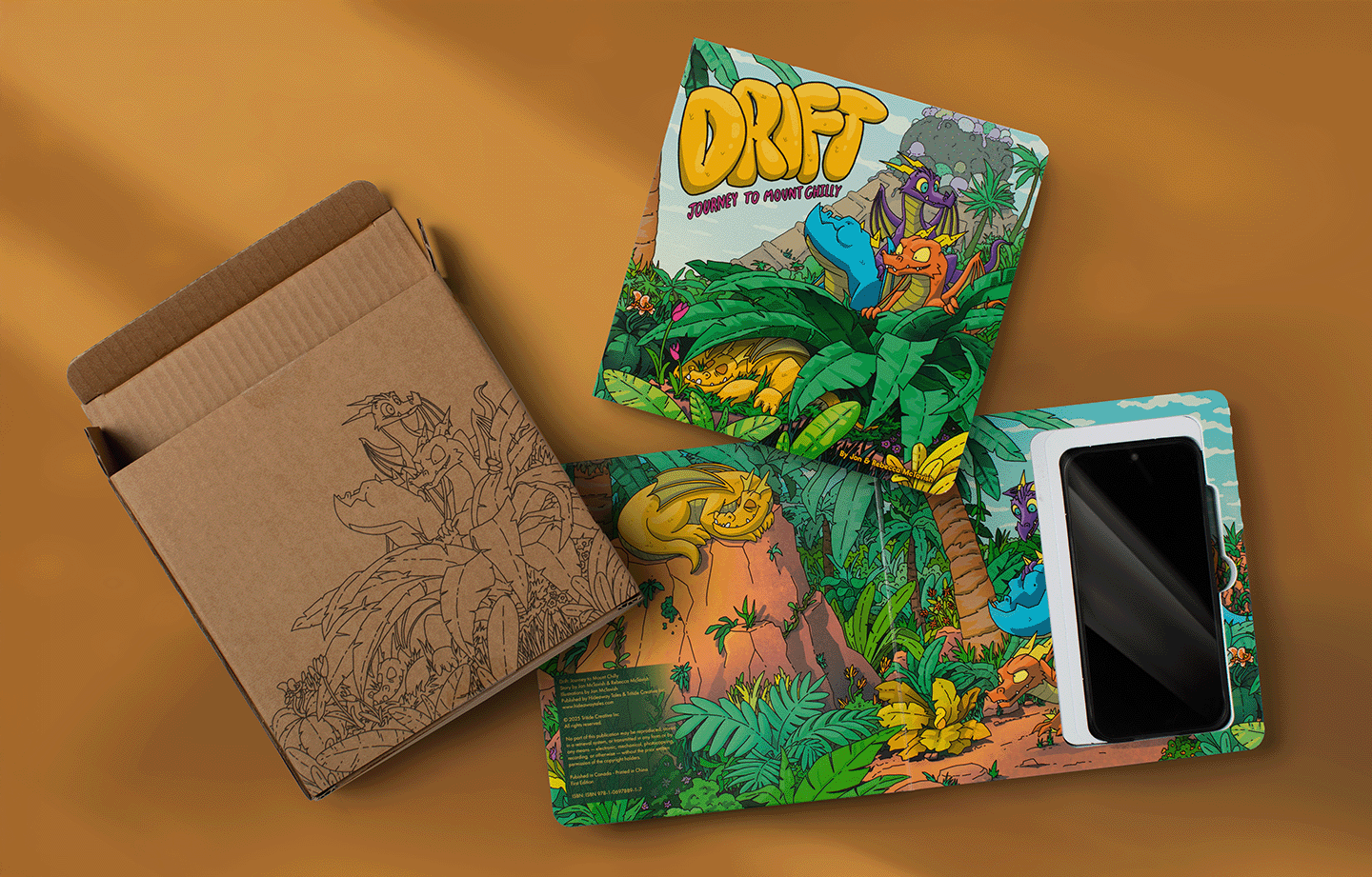 The Drift Hideaway Book Set: the storybook, the Hideaway Book with a phone tucked inside, and the box.